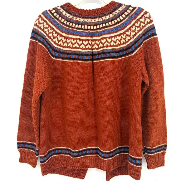 Handmade Hand Knit Women's Rusty Orange Fair Isle Cardigan Sweater Size Medium - Picture 2 of 7